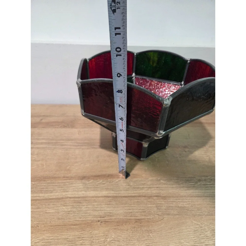 Vintage 60s 70s Midcentury Stained Glass Hanging Bar Lamp Shade Red Green 12''